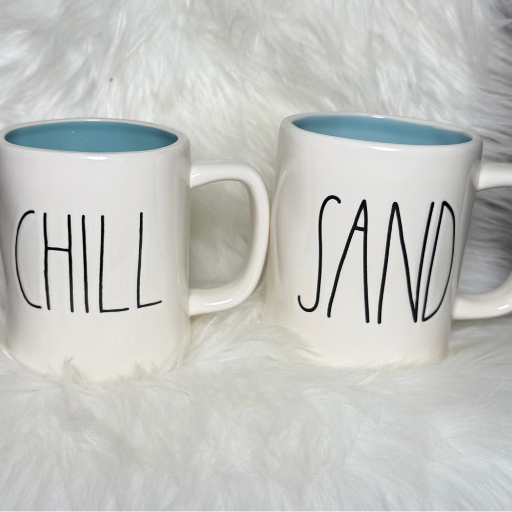 Rae Dunn White Mugs with Light Blue Interior - CHILL & SAND